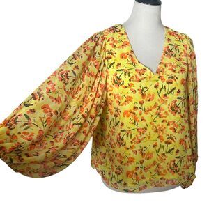 Vince Camuto Floral Blouse Size‎ S Yellow Romantic Feminine Balloon Sleeve